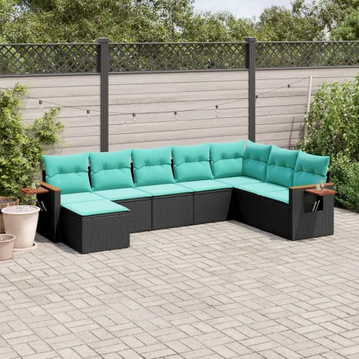 Conjunto de Sofás p/ Jardim c/ Almofadões Vime PE Preto (8 pcs)