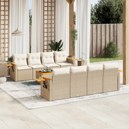 Conjunto de Sofás p/ Jardim com Almofadões Vime PE Bege (9 pcs)
