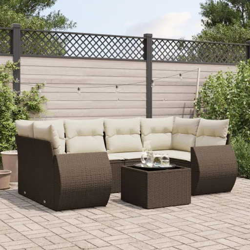 Conjunto de Sofás Jardim c/ Almofadões Vime PE Castanho (7 pcs)