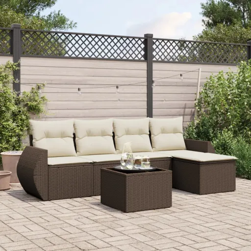 Conjunto de Sofás Jardim c/ Almofadões Vime PE Castanho (6 pcs)