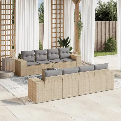 Conjunto de Sofás p/ Jardim com Almofadões Vime PE Bege (9 pcs)
