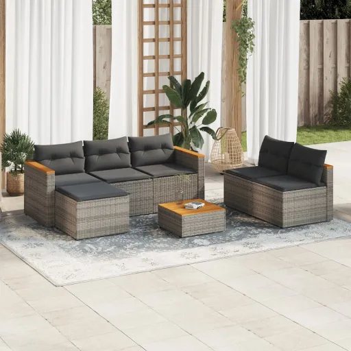 Conjunto Sofás de Jardim c/ Almofadões Acácia e Vime PE (5 pcs)