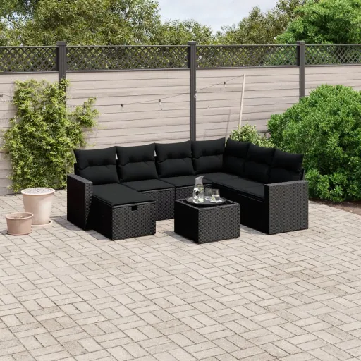 Conjunto Sofás de Jardim com Almofadões Vime PE Preto (8 pcs)