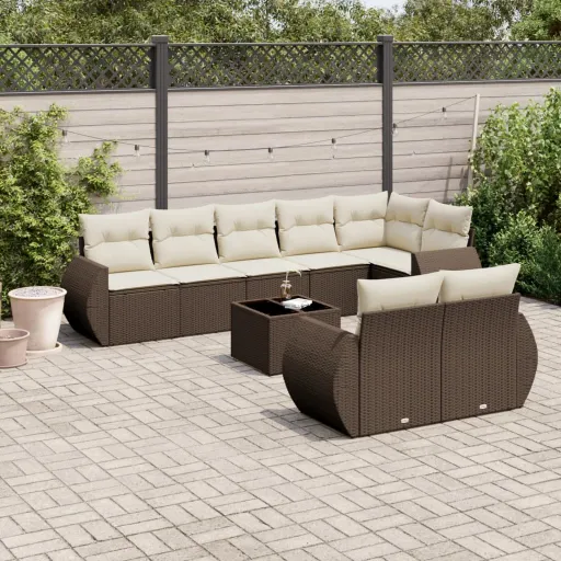 Conjunto Sofás p/ Jardim c/ Almofadões Vime PE Castanho (9 pcs)