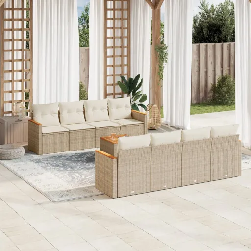 Conjunto de Sofás p/ Jardim com Almofadões Vime PE Bege (9 pcs)
