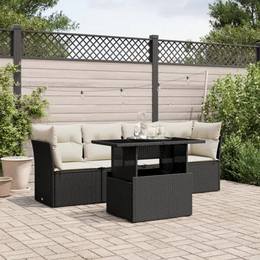 Conjunto Sofás de Jardim com Almofadões Vime PE Preto (5 pcs)