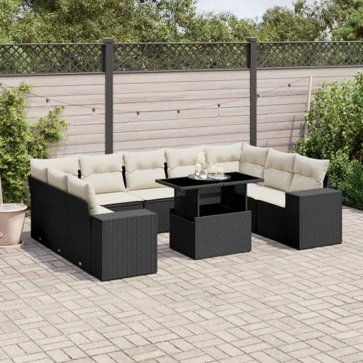 Conjunto Sofás de Jardim c/ Almofadões Vime PE Preto (10 pcs)