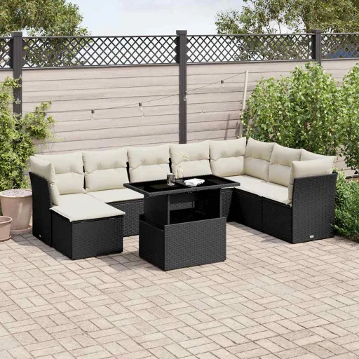Conjunto de Sofás p/ Jardim c/ Almofadões Vime PE Preto (9 pcs)