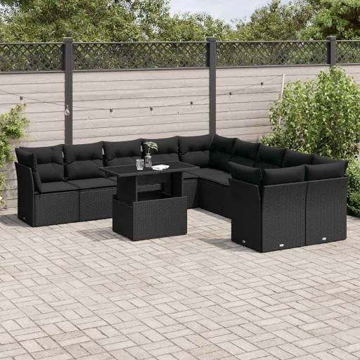 Conjunto Sofás de Jardim c/ Almofadões Vime PE Preto (11 pcs)