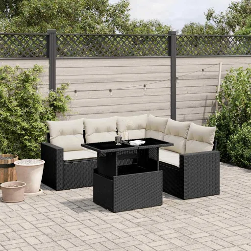 Conjunto Sofás de Jardim c/ Almofadões Vime PE Preto (6 pcs)
