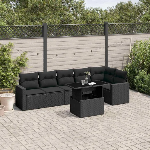 Conjunto de Sofás p/ Jardim c/ Almofadões Vime PE Preto (7 pcs)