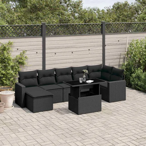 Conjunto Sofás de Jardim com Almofadões Vime PE Preto (8 pcs)