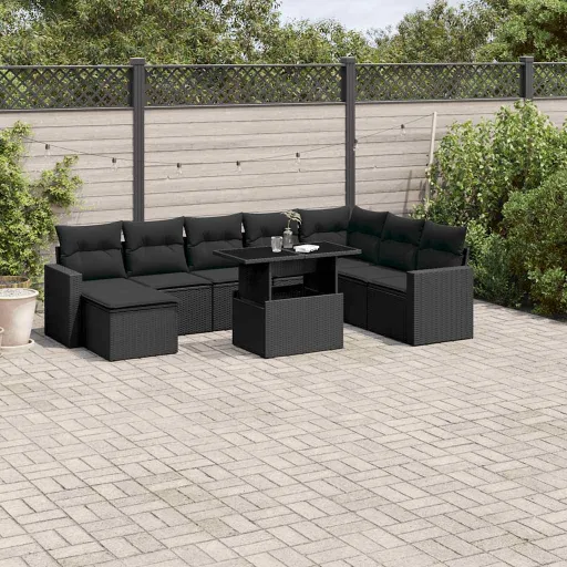 Conjunto de Sofás p/ Jardim c/ Almofadões Vime PE Preto (9 pcs)
