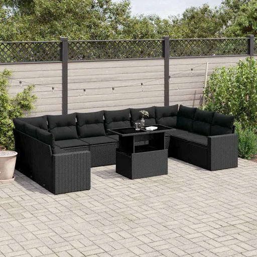 Conjunto Sofás de Jardim c/ Almofadões Vime PE Preto (11 pcs)