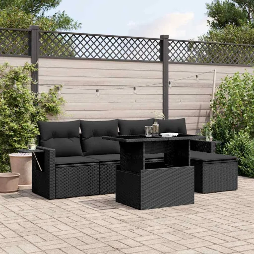 Conjunto Sofás de Jardim c/ Almofadões Vime PE Preto (6 pcs)