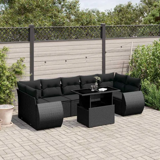 Conjunto Sofás de Jardim com Almofadões Vime PE Preto (8 pcs)