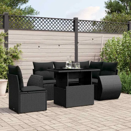 Conjunto Sofás de Jardim c/ Almofadões Vime PE Preto (6 pcs)
