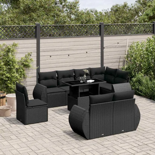Conjunto de Sofás p/ Jardim c/ Almofadões Vime PE Preto (9 pcs)