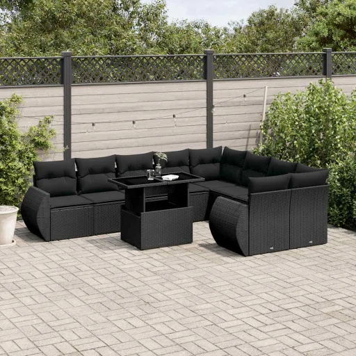 Conjunto Sofás de Jardim c/ Almofadões Vime PE Preto (10 pcs)