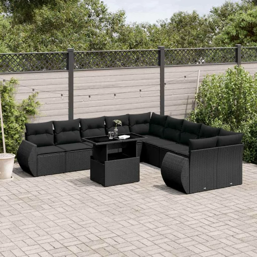 Conjunto Sofás de Jardim c/ Almofadões Vime PE Preto (11 pcs)