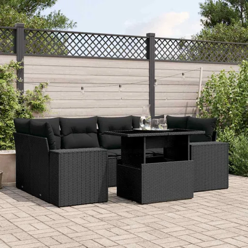 Conjunto de Sofás p/ Jardim c/ Almofadões Vime PE Preto (7 pcs)