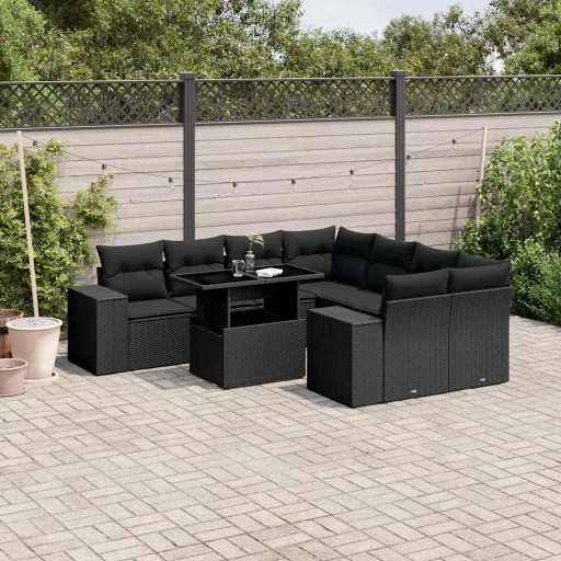 Conjunto de Sofás p/ Jardim c/ Almofadões Vime PE Preto (9 pcs)