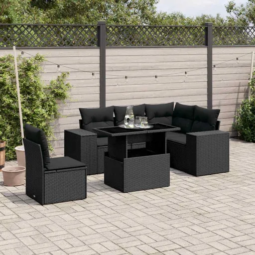Conjunto Sofás de Jardim c/ Almofadões Vime PE Preto (6 pcs)