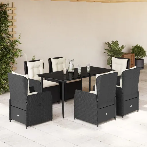 Conjunto de Jantar p/ Jardim c/ Almofadões Vime PE Preto (7 pcs)