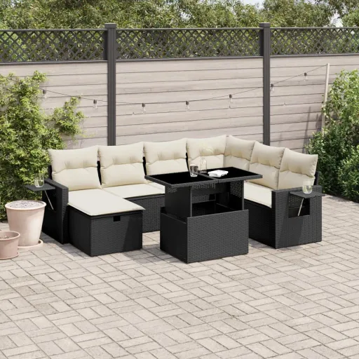 Conjunto Sofás de Jardim com Almofadões Vime PE Preto (8 pcs)