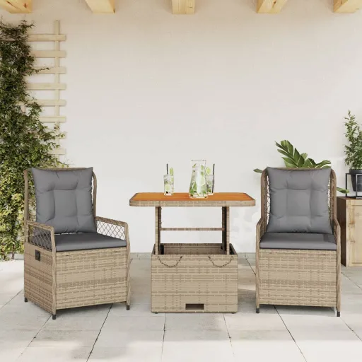 Conjunto de Jantar p/ Jardim com Almofadões Vime PE Bege (3 pcs)