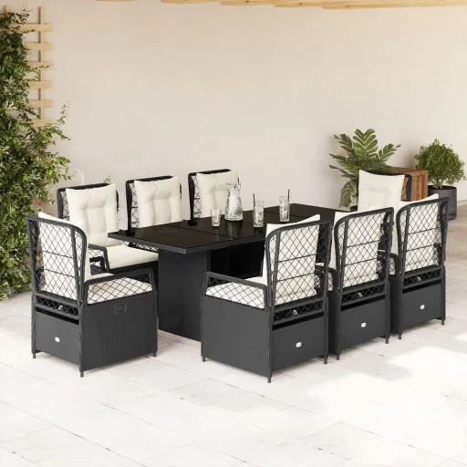 Conjunto de Jantar p/ Jardim c/ Almofadões Vime PE Preto (9 pcs)