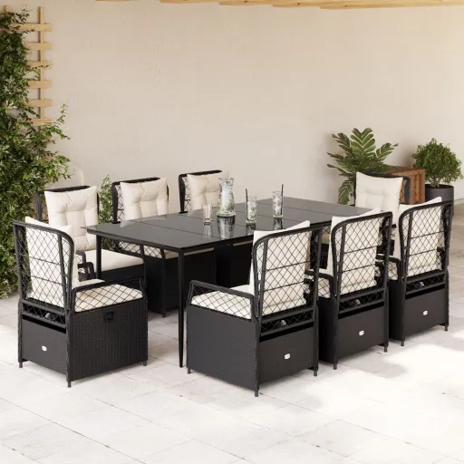 Conjunto de Jantar p/ Jardim c/ Almofadões Vime PE Preto (9 pcs)