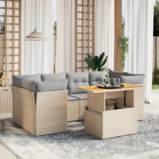 Conjunto de Sofás p/ Jardim com Almofadões Vime PE Bege (7 pcs)