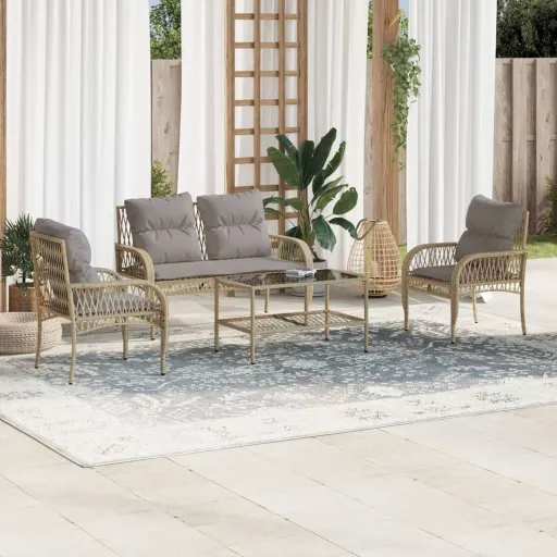 Conjunto de Sofás para Jardim c/ Almofadões Vime PE Bege (4 pcs)
