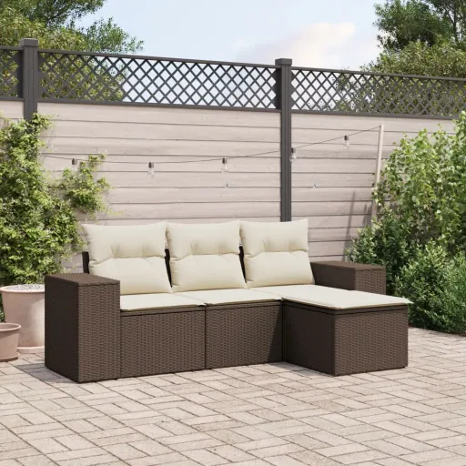 Conjunto Sofás de Jardim c/ Almofadões Vime PE Castanho (4 pcs)