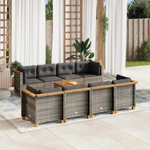Conjunto Sofás p/ Jardim com Almofadões Vime PE Cinzento (9 pcs)