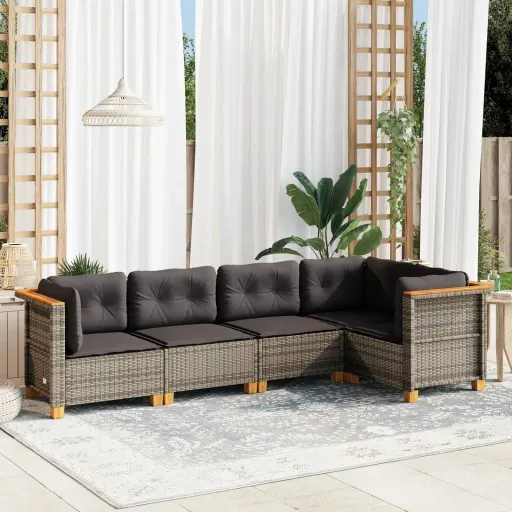 Conjunto Sofás de Jardim c/ Almofadões Vime PE Cinzento (5 pcs)