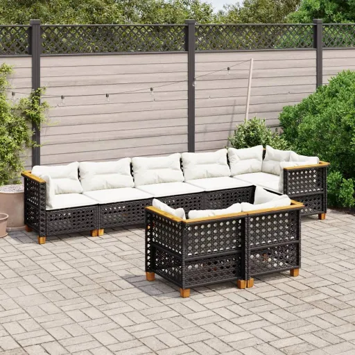Conjunto Sofás de Jardim com Almofadões Vime PE Preto (8 pcs)