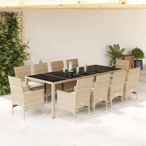Conjunto Jantar Jardim com Almofadões Vime PE/Vidro Bege (11 pcs)