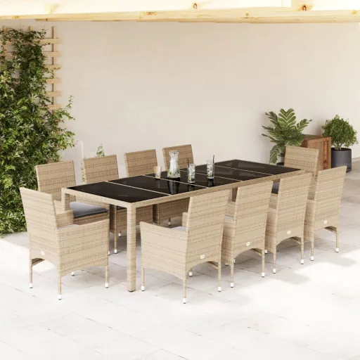 Conjunto Jantar Jardim com Almofadões Vime PE/Vidro Bege (11 pcs)
