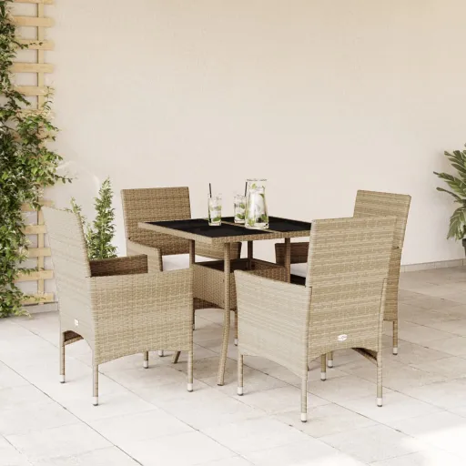 Conjunto Jantar Jardim com Almofadões Vime PE/Vidro Bege (5 pcs)