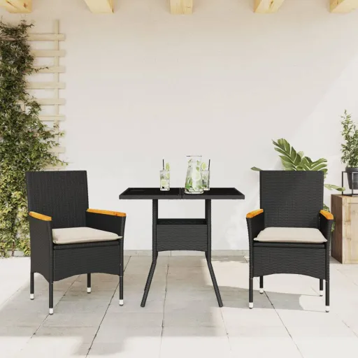 Conjunto Jantar Jardim c/ Almofadões Vime PE/Vidro Preto (3 pcs)