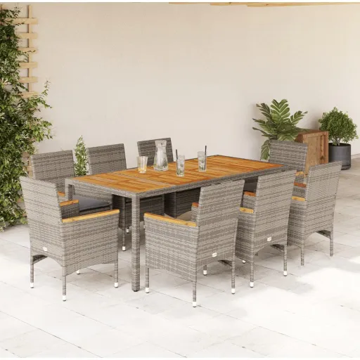 Conjunto Jantar Jardim c/ Almofadões Vime PE/Acácia Cinza (9 pcs)