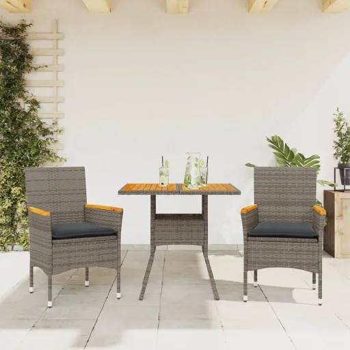 Conjunto Jantar Jardim c/ Almofadões Vime PE/Acácia Cinza (3 pcs)