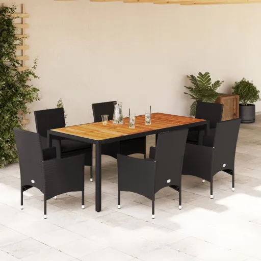 Conjunto Jantar Jardim c/ Almofadões Vime PE/Acácia Preto (7 pcs)