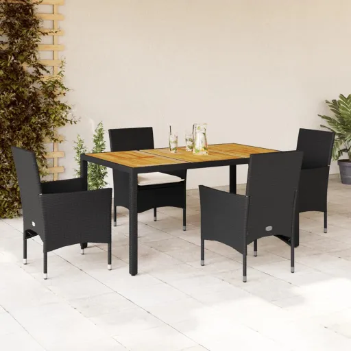 Conjunto Jantar Jardim c/ Almofadões Vime PE/Acácia Preto (5 pcs)