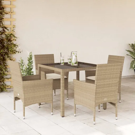 Conjunto Jantar Jardim com Almofadões Vime PE/Vidro Bege (5 pcs)