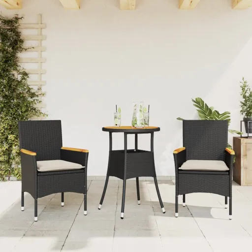 Conjunto Jantar Jardim c/ Almofadões Vime PE/Acácia Preto (3 pcs)