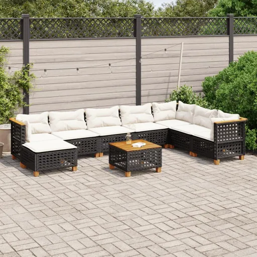 Conjunto de Sofás p/ Jardim c/ Almofadões Vime PE Preto (9 pcs)