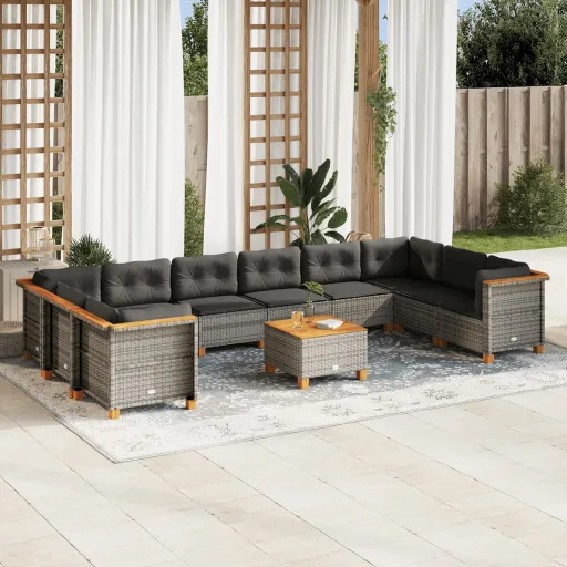 Conjunto Sofás de Jardim c/ Almofadões Vime PE Cinzento (11 pcs)